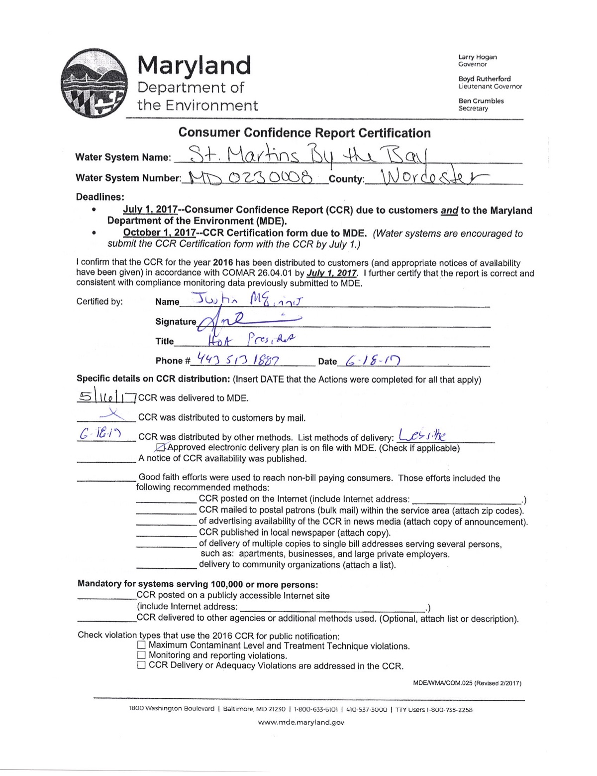 Official page of consumer confidence report certification