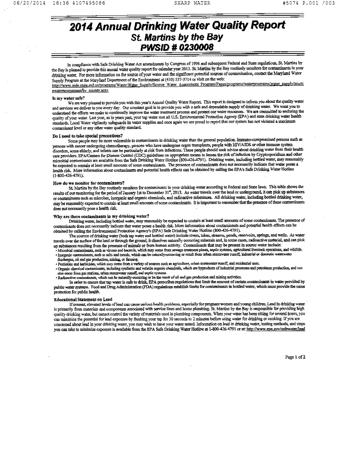 Official page 1 of 2014 · Water report
